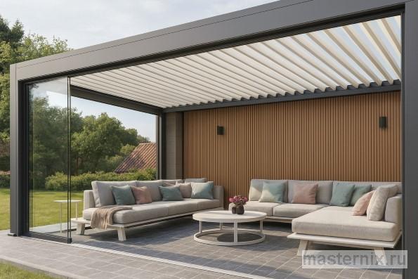 Биоклиматическая пергола с поворотными ламелями в открытом и закрытом положении