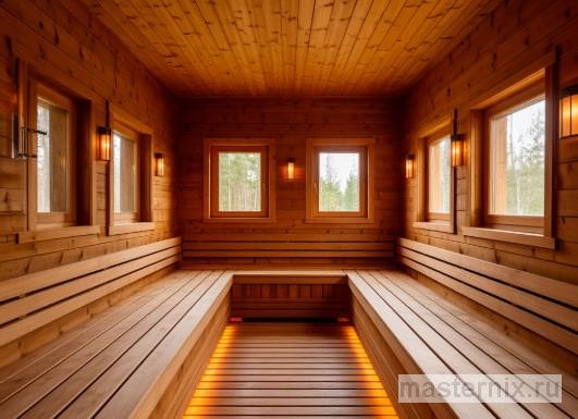Интерьер бани с отделкой из термодревесины