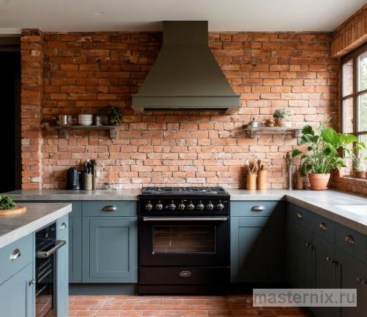 Интерьер кухни с фартуком из матовой клинкерной плитки российского производства