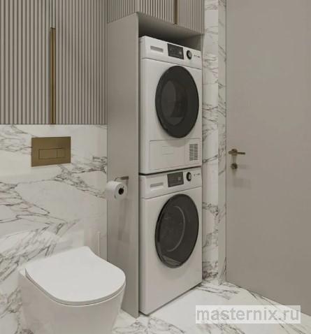 Сравнение интерьера ванной комнаты с громоздкой напольной сушилкой и аккуратного технологичного пространства с сушильным автоматом