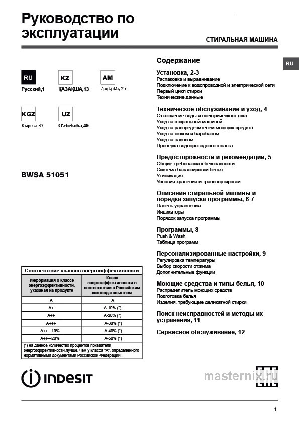 Обложка инструкции Стиральная машина Indesit BWSA 51051