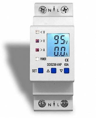 Реле контроля напряжения TOMZN DDS238-VAP-63 с защитой от перегрузки по току и перенапряжения 63 А / Устройство защиты мноефункциональное УЗМ в DIN рейку с таймером